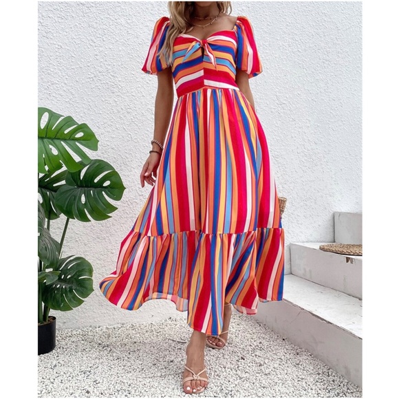 Boho Multicolor Stripes Puff Sleeve Maxi Dress - Picture 2 of 5